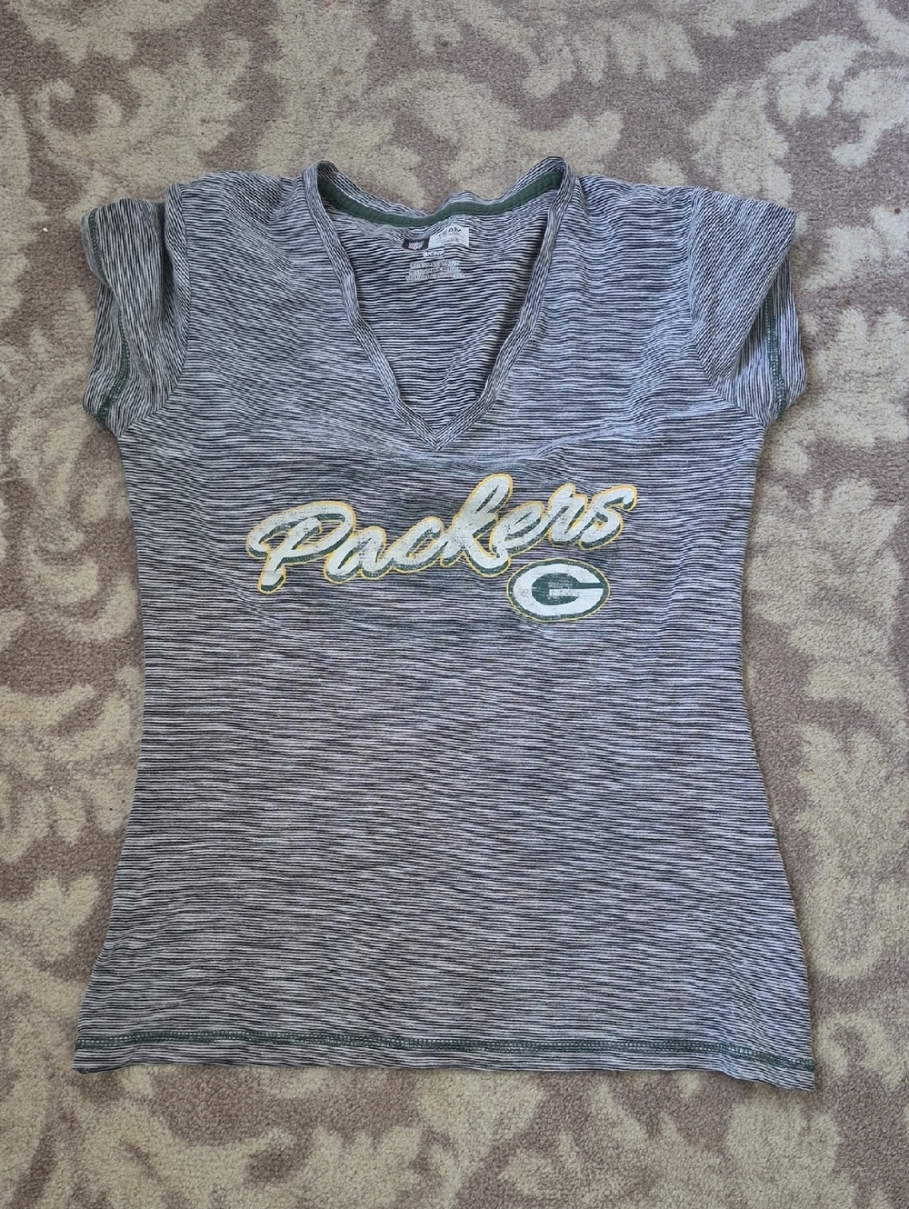 Team Apparel Gray Heather V-Neck Packers Tee with Yellow Trim